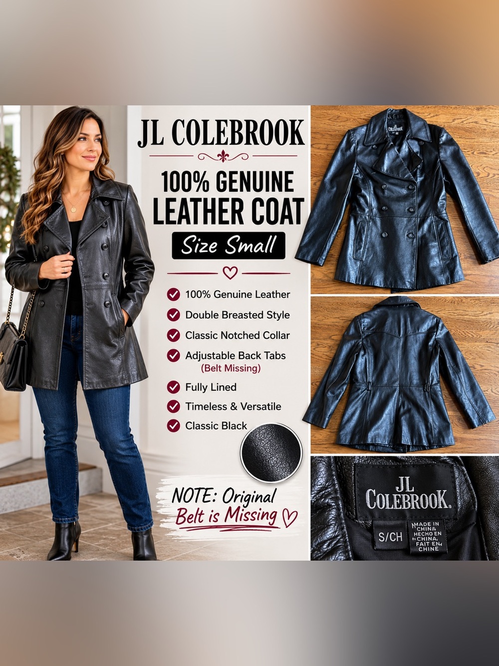 JL Colebrook 100% Leather Coat Size Small Black Missing Belt
